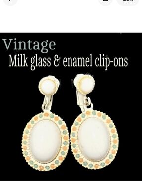 Vintage Unique Milk Glass & Enamel Drop Clip-On Earrings